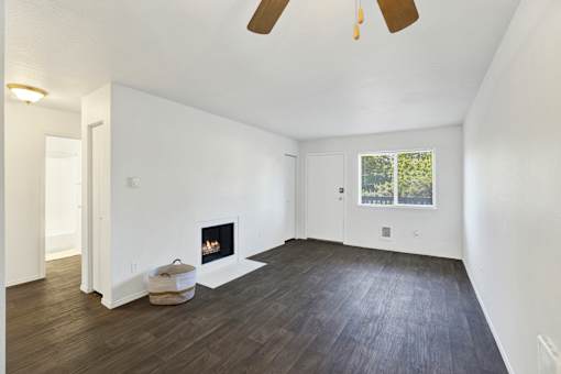 A room with a fireplace and a window.