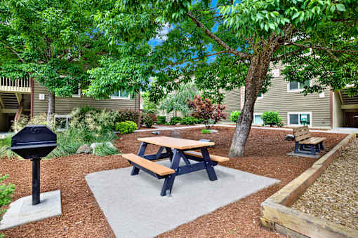 A picnic table is surrounded by benches and trees in a courtyard.