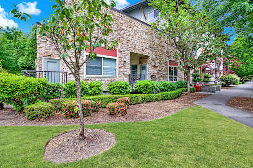 A house with a stone facade and a tree in front.