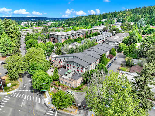 A view of a street with buildings and trees.