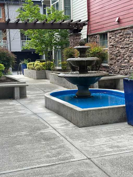A fountain in the middle of a courtyard.