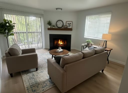 A living room with a fireplace, two couches, and a potted plant.