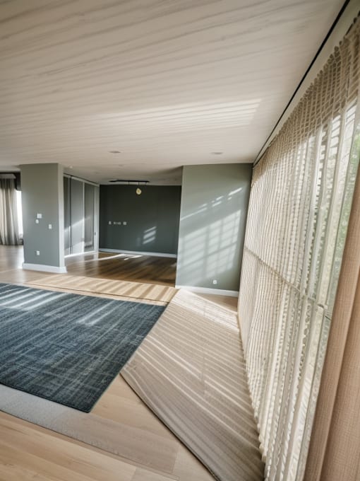 A room with a rug on the floor and a curtain on the right side.
