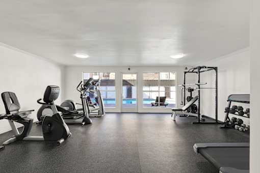 A spacious gym with a variety of equipment including treadmills, weights, and exercise machines. at Chateau La Fayette, California, 90057