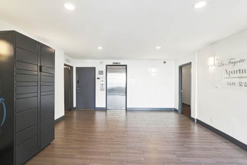 Hallway with black cabinet at La Fayette Marquis, Los Angeles, CA, 90057