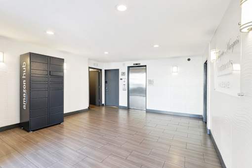 Hallway with wooden floor at La Fayette Marquis, Los Angeles, California