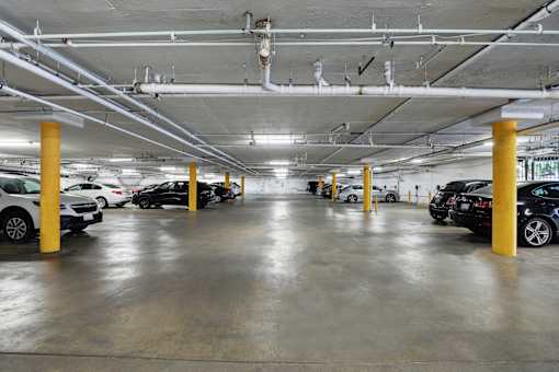 Parking garage with cars parked at Oxnard Plaza, North Hollywood, 91606