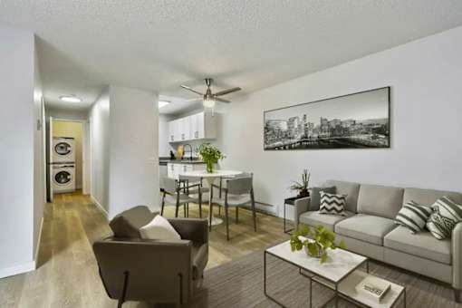 A living room with a grey couch, a coffee table, and a framed picture on the wall.