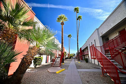 A pathway with red railings and palm trees.