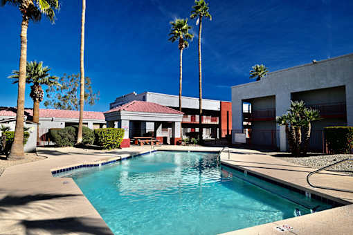 A pool surrounded by palm trees and a building.