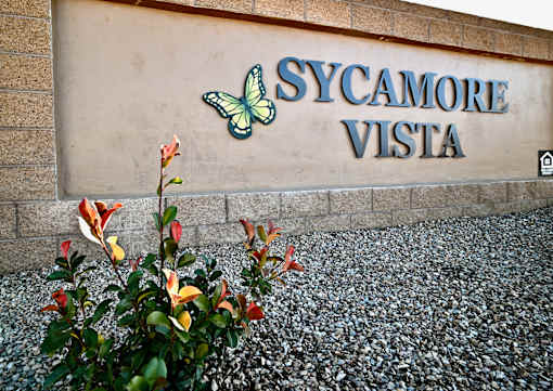 A wall with the words "Sycamore Vista" and a butterfly on it.