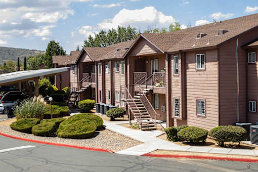 Apartments view showing solar carports at Pines at Prescott Apartments, Prescott, Arizona