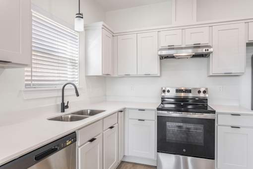 A modern kitchen with white cabinets and stainless steel appliances.