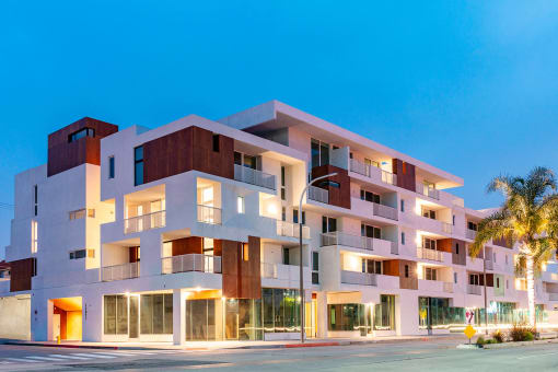 a rendering of a new apartment building on the corner of a street at The Lucky Apartments, Culver City, CA, 90066 