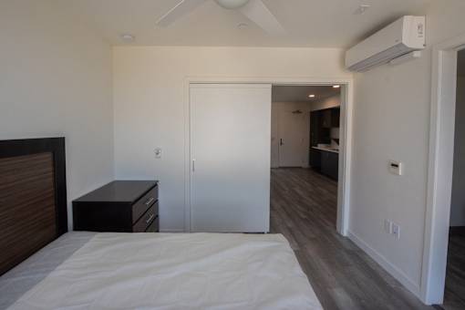 a bedroom with a bed and a dresser and a closet