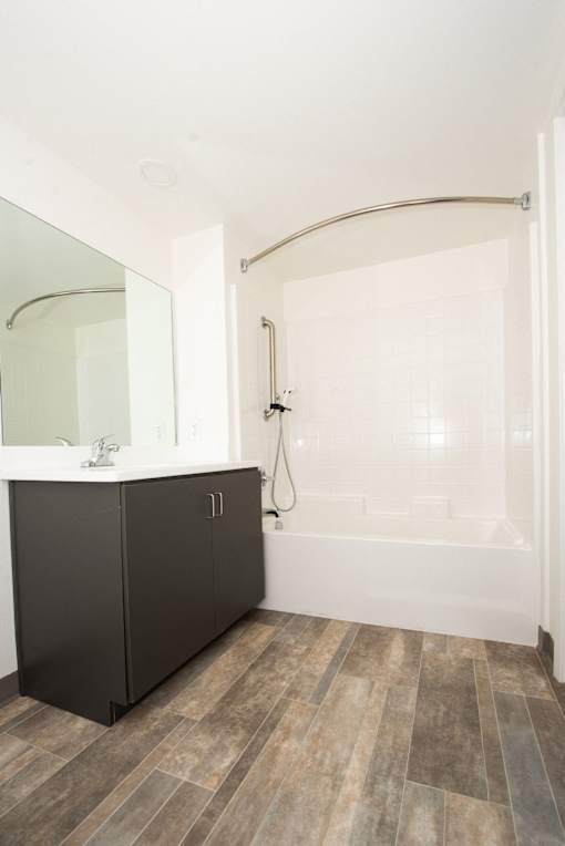 a bathroom with a shower and a sink and a mirror