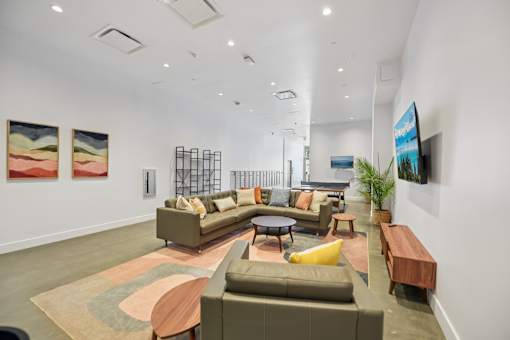 A community lounge  with a brown sofa and a rug.