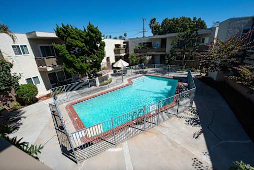 Swimming pool with surrounding fence
