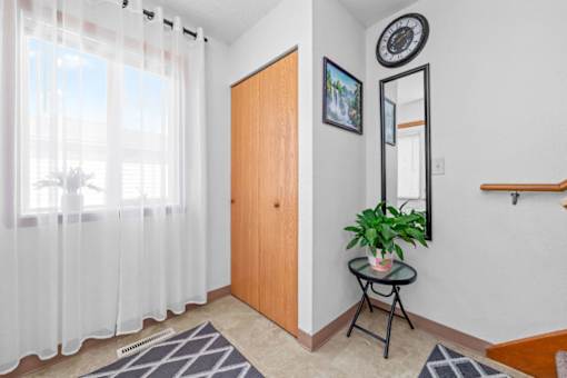 A room with a wooden door, a small table with a plant, and a mirror on the wall.