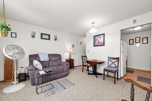 A living room with a couch, chairs, and a fan.