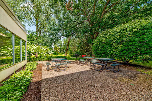 A gravel patio with picnic tables is surrounded by greenery.