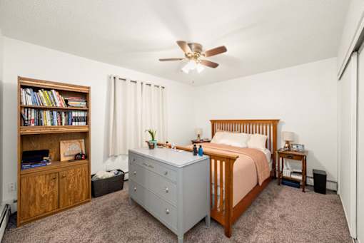 A bedroom with a bed, dresser, and bookshelf.