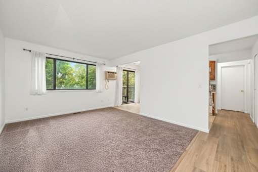 A room with a carpeted floor and a window with blinds.