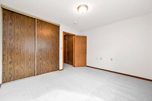 A room with a white carpet and a wooden door.