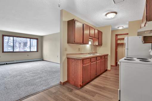 an empty kitchen with a stove refrigerator and a sink