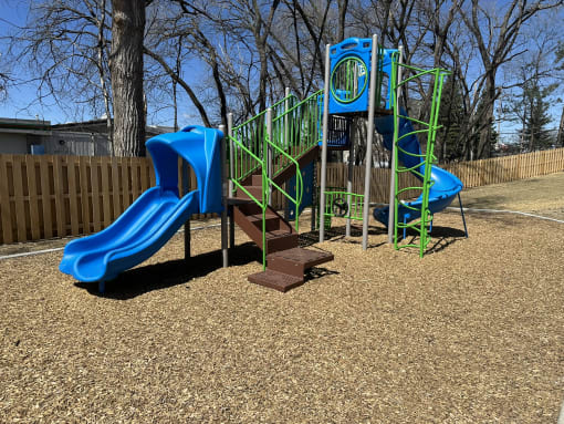a playground with a blue slide and a green slide