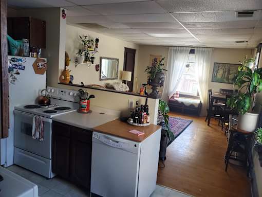 A kitchen with a white refrigerator and a white dishwasher.