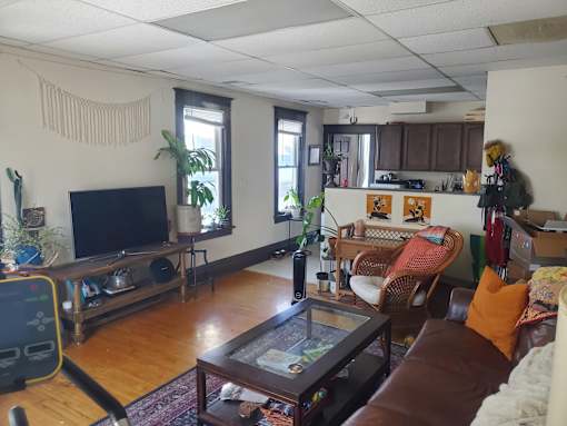 A living room with a brown couch and a television.