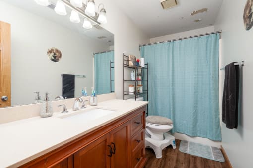 a bathroom with a blue shower curtain and a toilet and sink