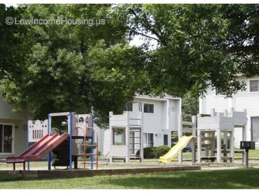a playground with a bunch of slides in a park