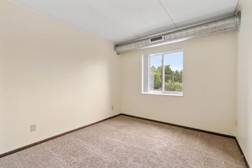 an empty living room with a window and carpet