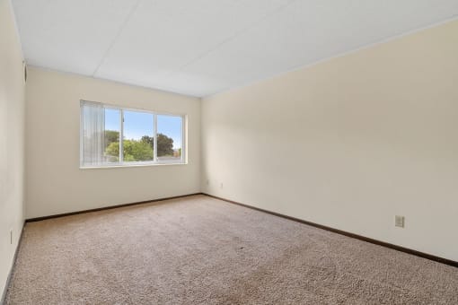an empty room with carpet and a window