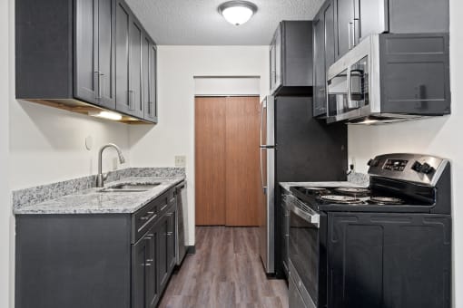 a kitchen with black cabinets and a stove and a refrigerator