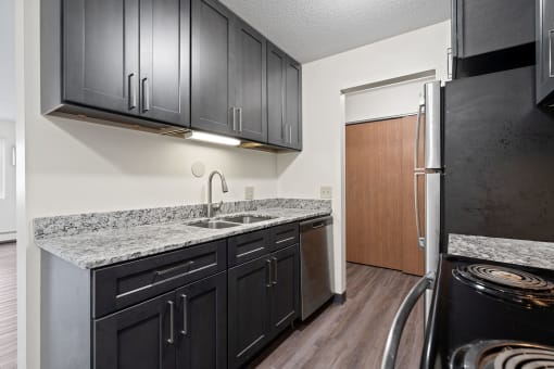 a kitchen with black cabinets and granite counter tops and a refrigerator