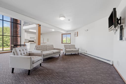 a living room with couches and chairs and a tv