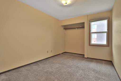 A room with a carpeted floor and a window.