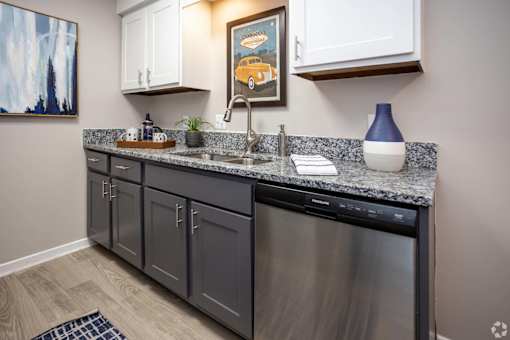 A kitchen with a black dishwasher and grey cabinets.at Addison at Sutherland, Knoxville  