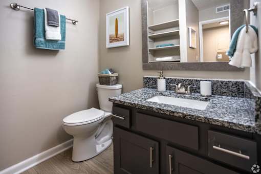 A bathroom with a toilet, sink, and mirror.at Addison at Sutherland, Knoxville, TN 37909  