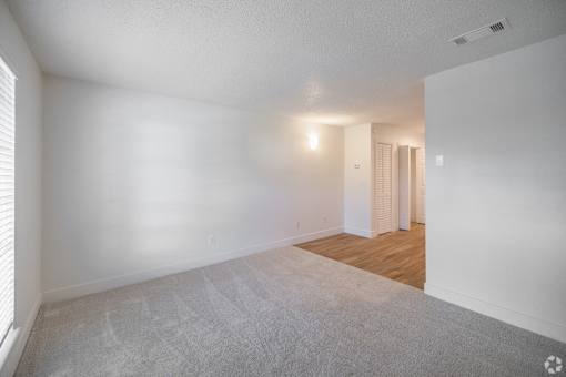 A room with white walls and a carpeted floor.