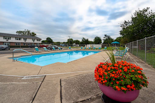 A pink pot with red flowers sits in front of a pool.