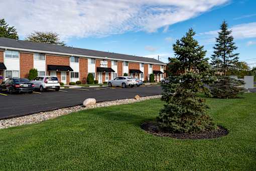 A tree is in a mulched area in front of a building.
