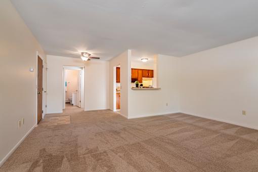 A spacious room with a carpeted floor and a ceiling fan.