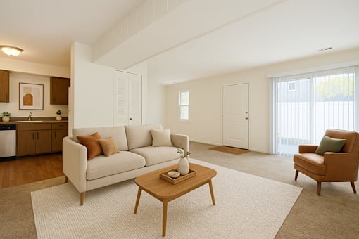 A living room with a couch, a coffee table, and a chair.