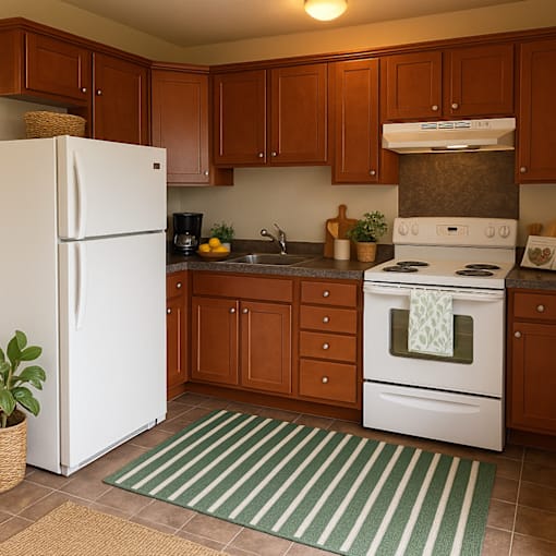 A white refrigerator is in a kitchen with brown cabinets.