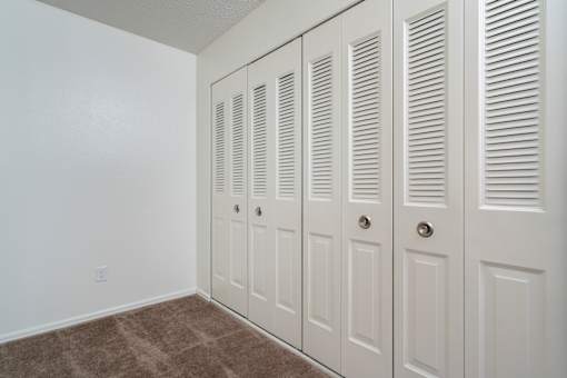 Closet with white doors and brown carpet.