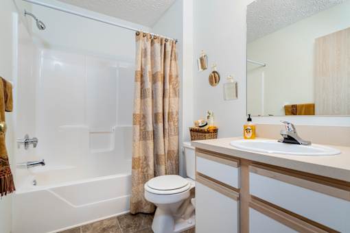 A bathroom with a toilet, sink, and shower.